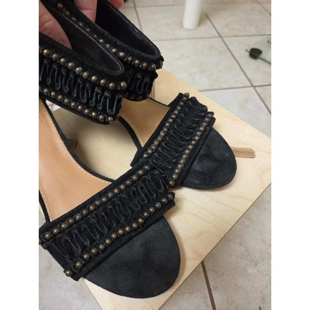 Kelsi Dagger Bowen Black Suede Studded Wedge Sandals Womens 6.5M Boho Ankle Cuff